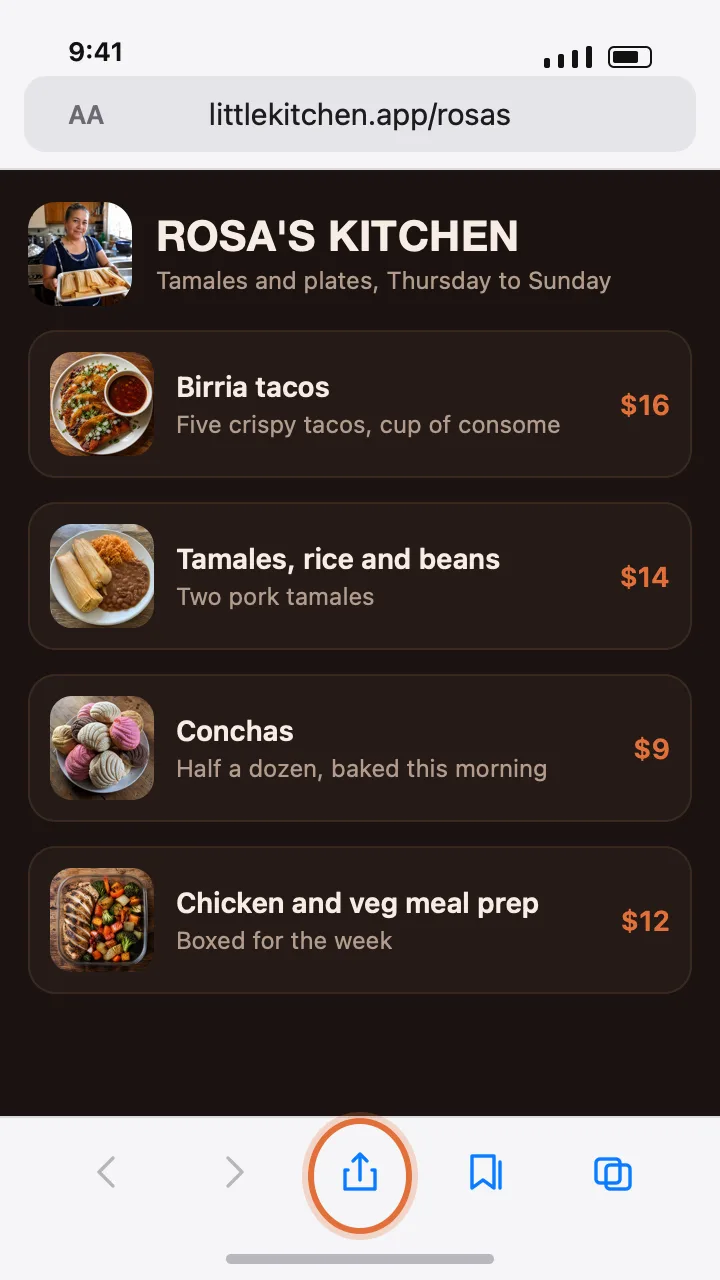 A kitchen's menu open in Safari, with the share button in the bottom toolbar circled.