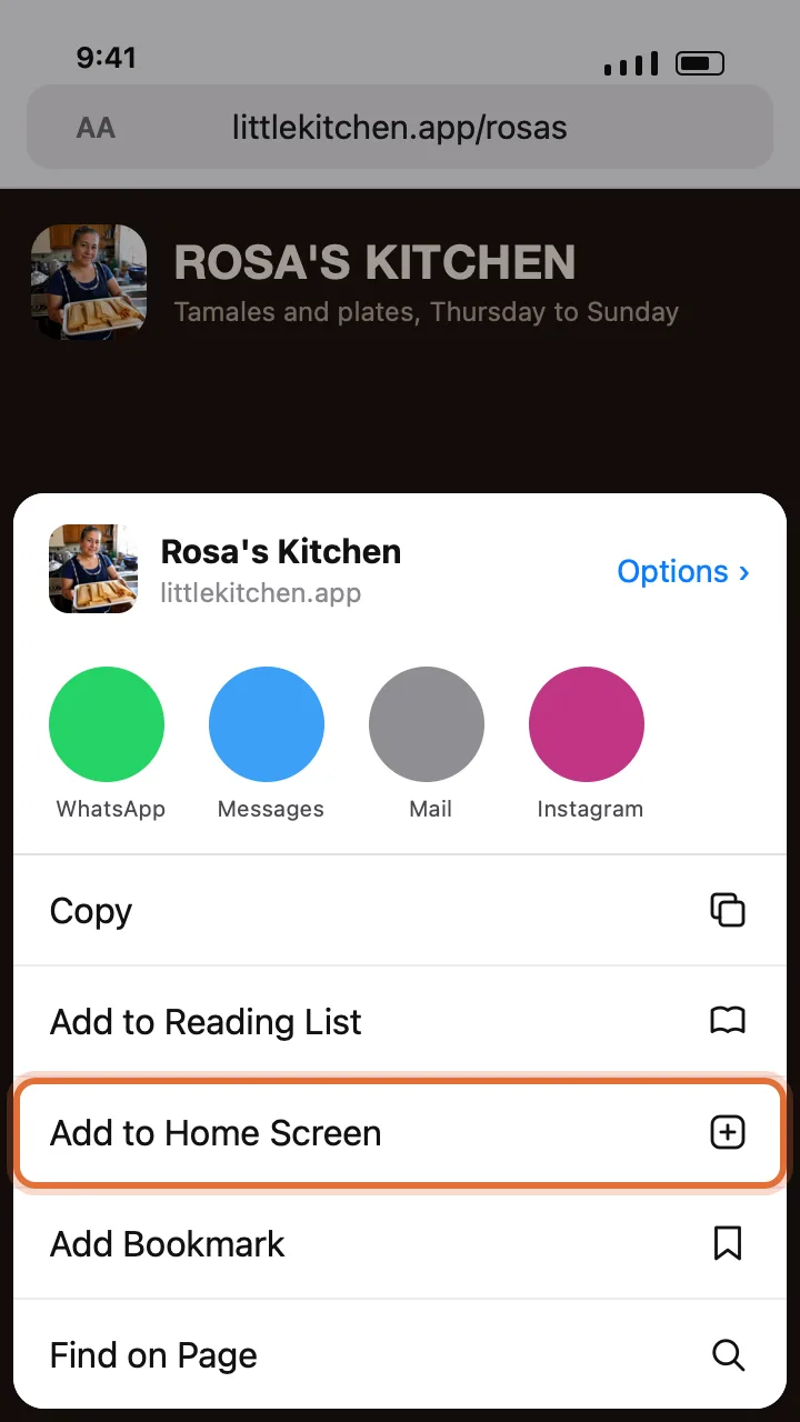 The iPhone share sheet, with the Add to Home Screen row circled.
