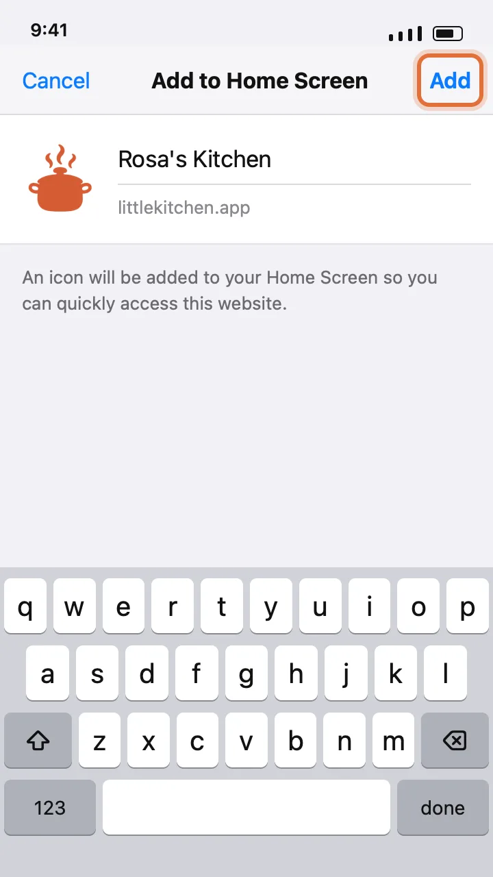 The Add to Home Screen panel with the kitchen's name filled in and the Add button circled.